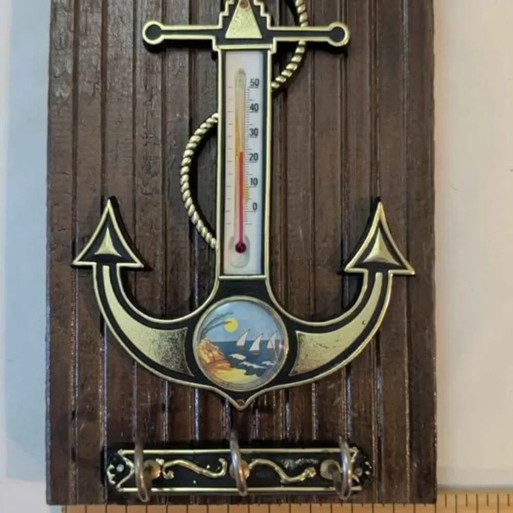 Vtg 1970s Souvenir Wooden Wall Plaque Anchor Therm Key Hooks Nautical Kitsch